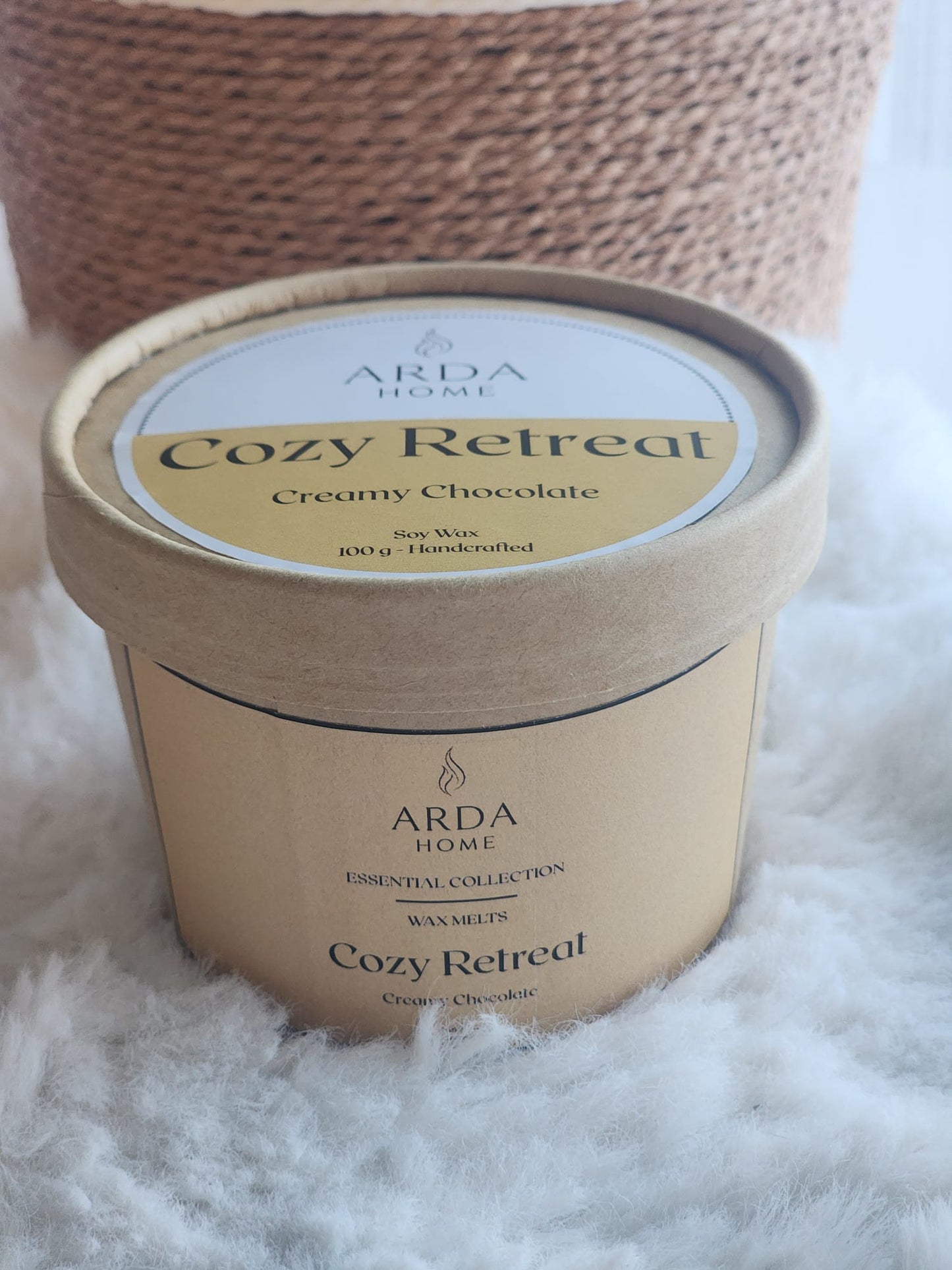 Presentación de los wax melts Cozy Retreat con su packaging de ARDA HOME.