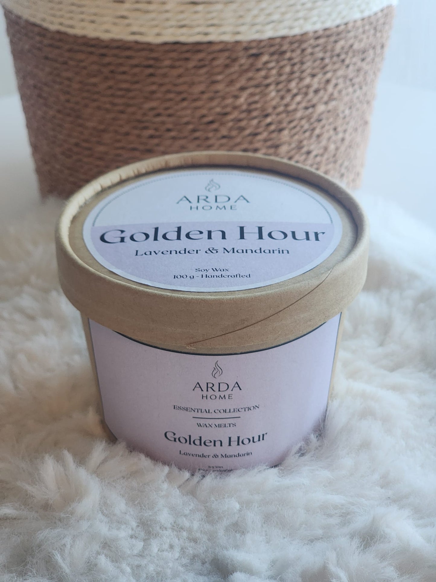 Presentación de los wax melts Golden Hour de ARDA HOME con aroma Lavender & Mandarin.