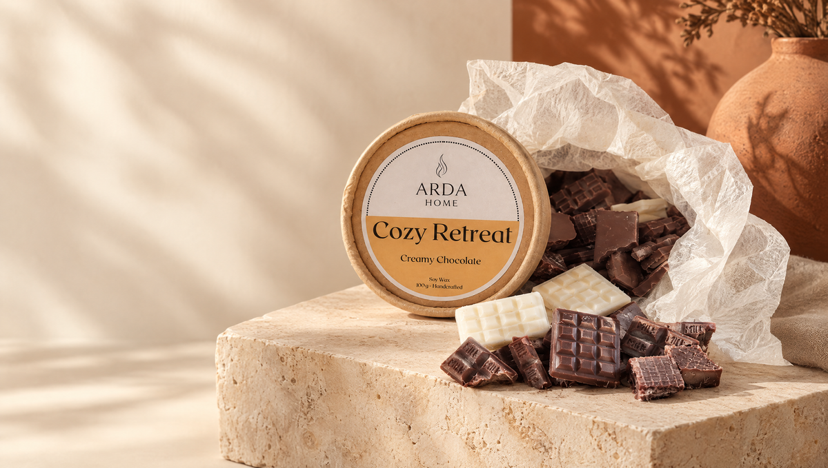 Cozy Retreat de Arda Home, wax melts en un ambiente crema, terracota y chocolate. Escena creada con IA a partir del producto real.