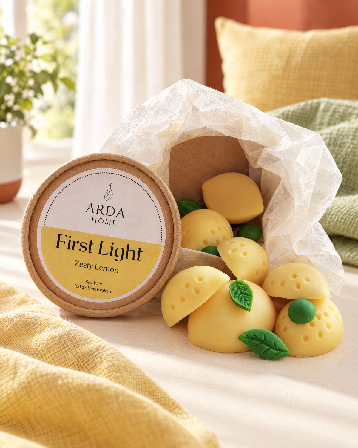 First Light · Wax melts en figuras de Arda Home en un entorno de ambiente. Imagen creada con IA a partir del producto real.