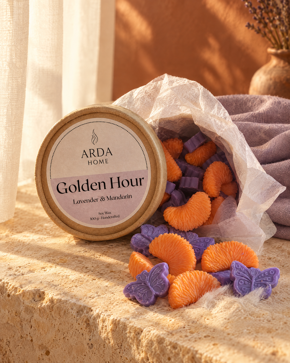 Golden Hour · Wax melts en figuras de Arda Home en un entorno de ambiente. Imagen creada con IA a partir del producto real.