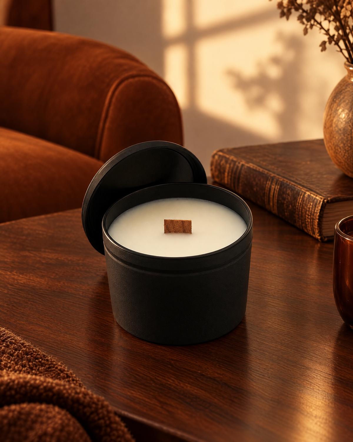 Nº07 Velvet Smoke · Vela aromática de Arda Home en un entorno de ambiente. Imagen creada con IA a partir del producto real.