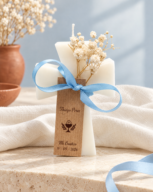 Vela cruz personalizada · Detalle para bautizo y comunión