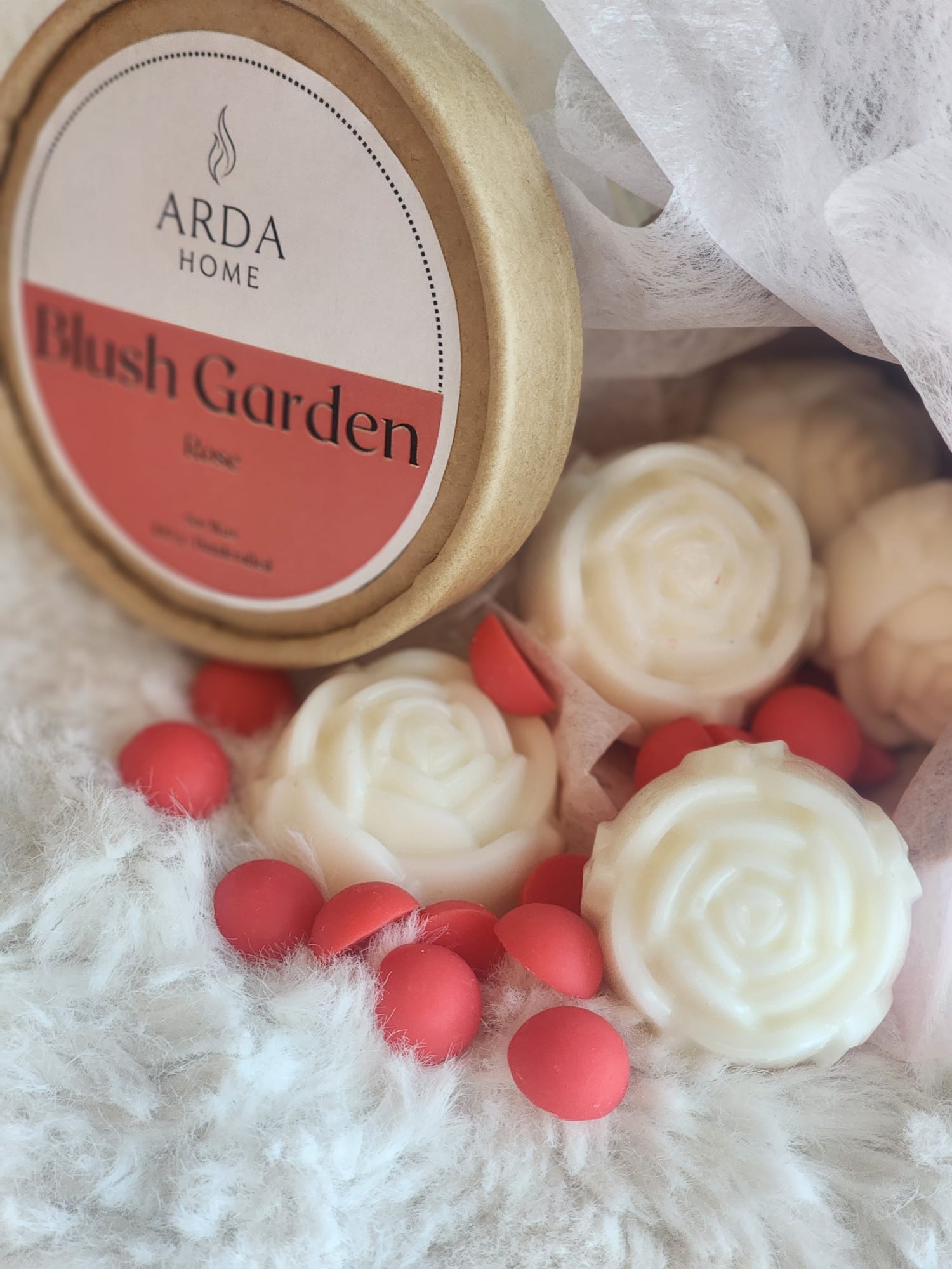 Detalle de los wax melts Blush Garden elaborados con cera 100% vegetal de soja.