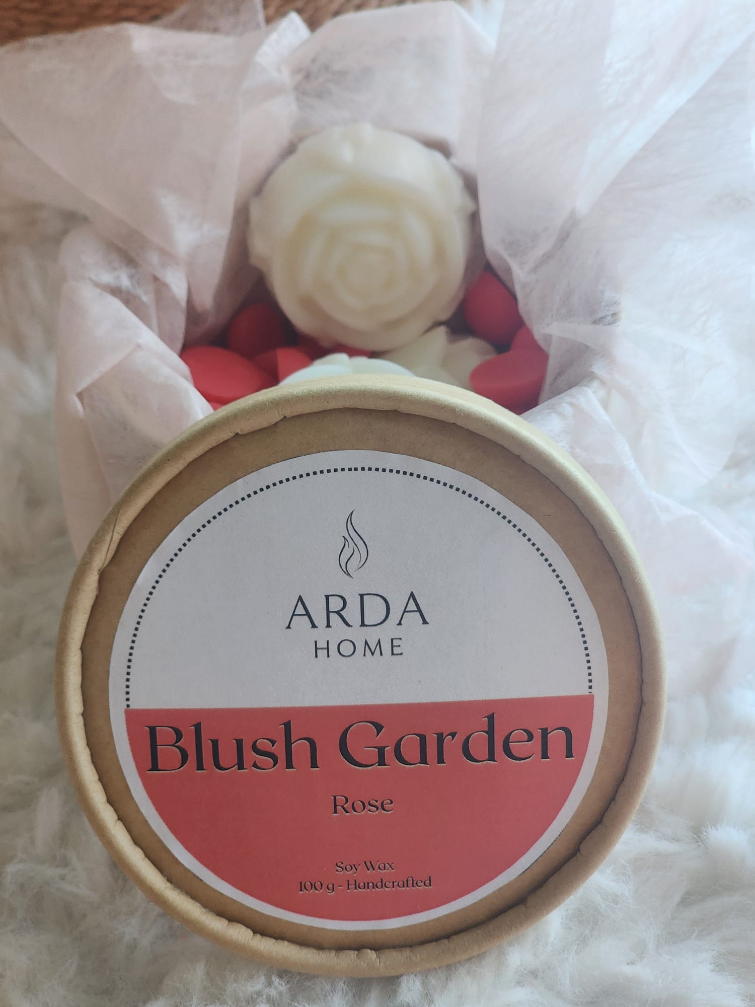 Vista frontal de los wax melts Blush Garden con aroma a rosa.