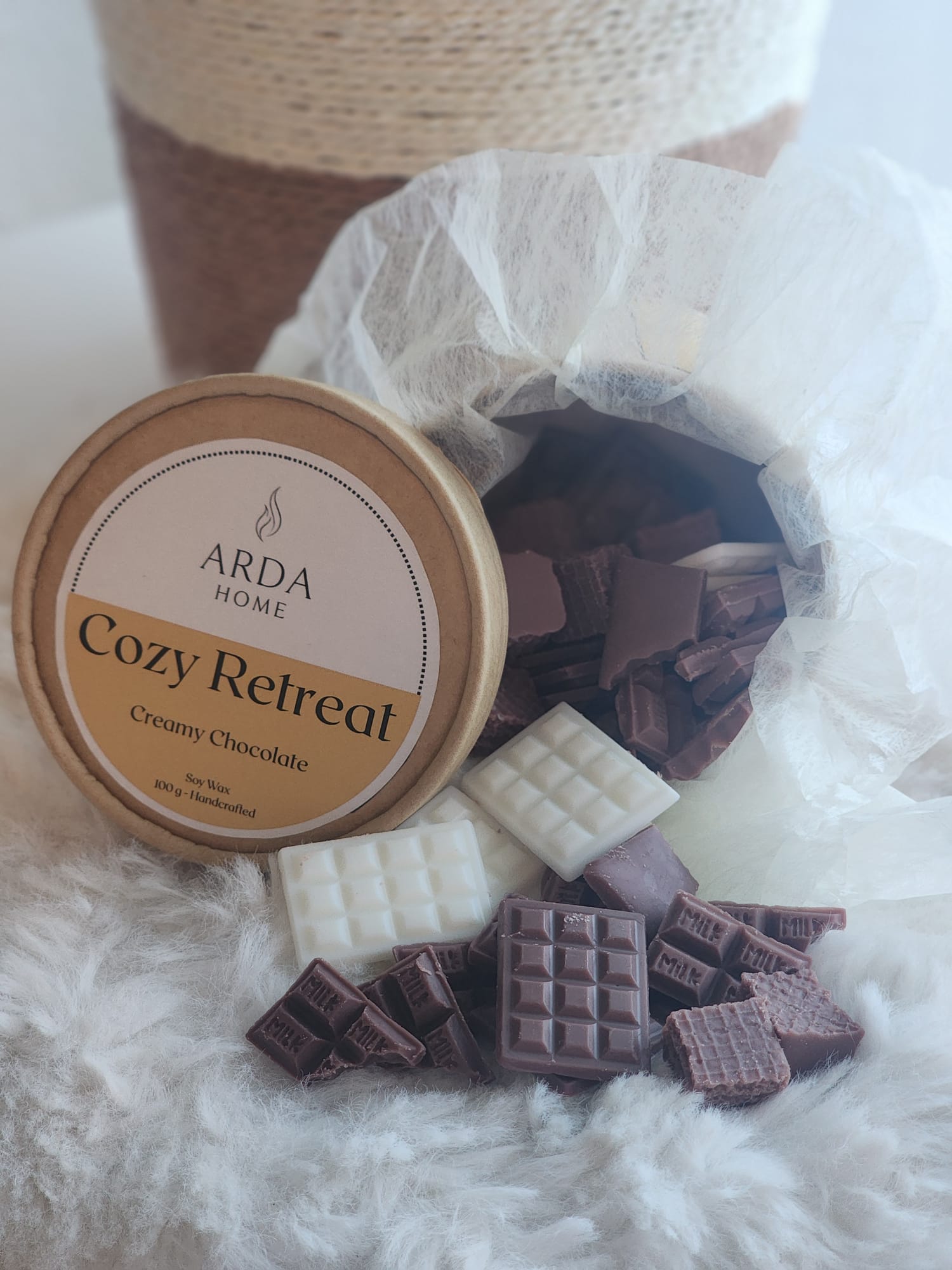 Wax melts en figuras Cozy Retreat con aroma a chocolate blanco y chocolate fondant.