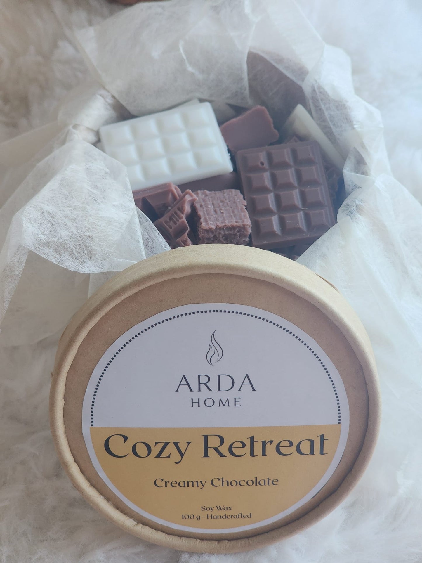 Vista frontal de los wax melts Cozy Retreat elaborados con cera de soja.