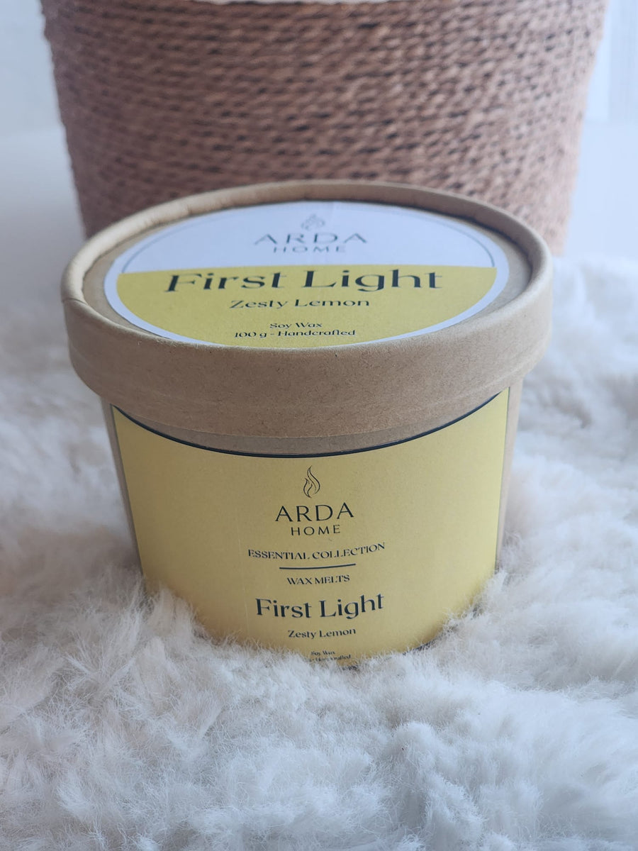 Presentación de los wax melts First Light de ARDA HOME con aroma Zesty Lemon.