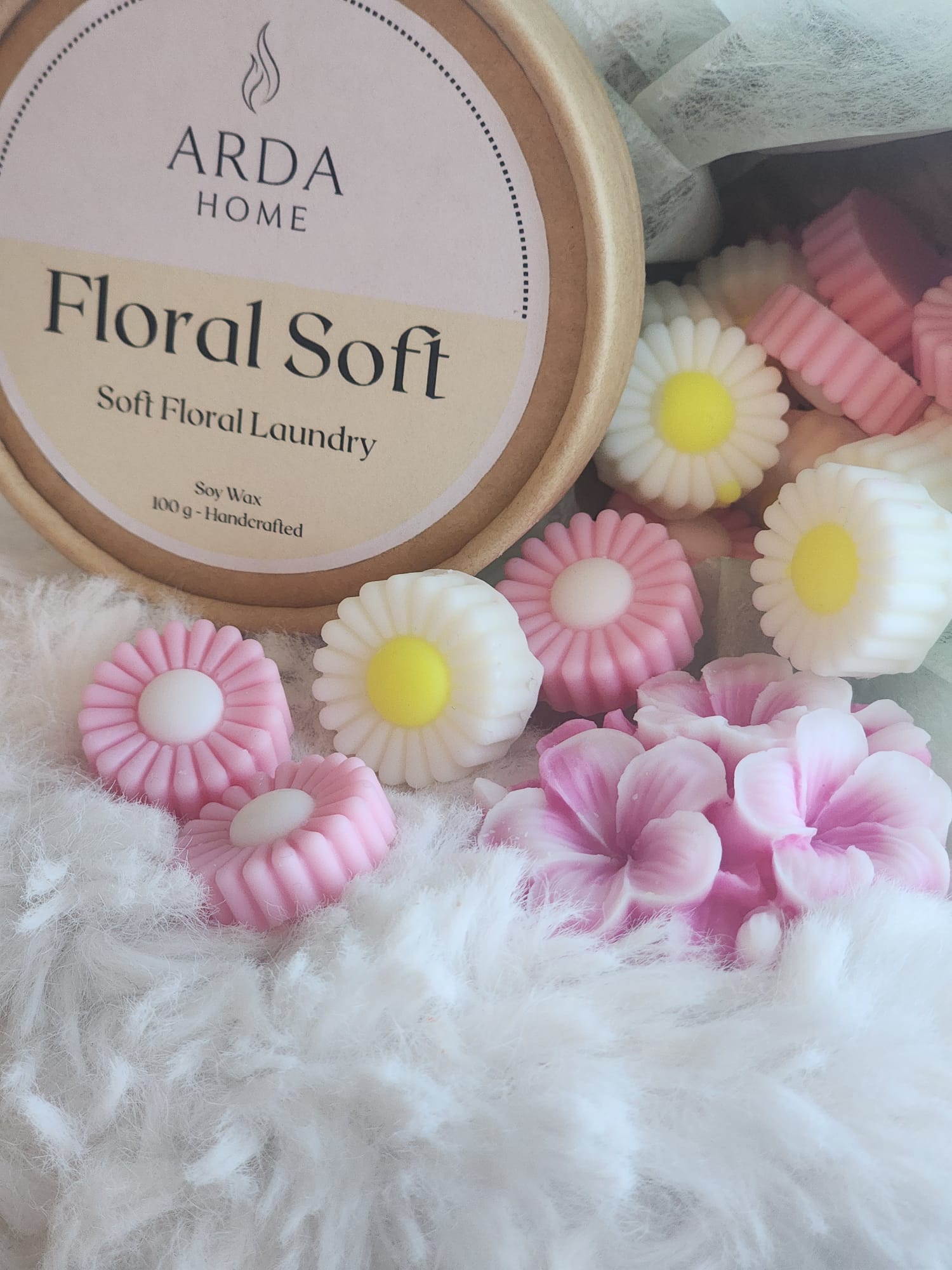 Detalle de los wax melts Floral Soft elaborados con cera 100% vegetal de soja.