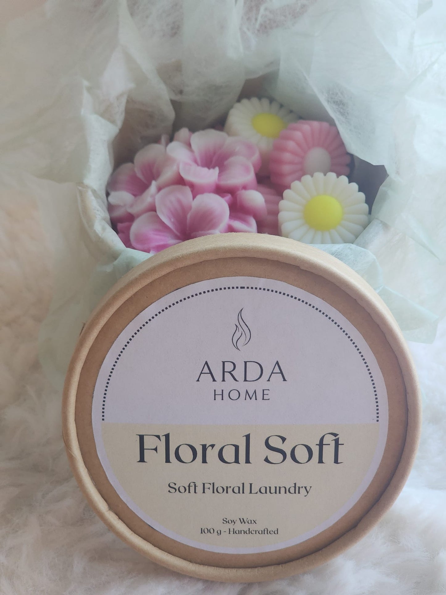 Vista frontal de los wax melts Floral Soft con aroma inspirado en el suavizante de ropa floral.