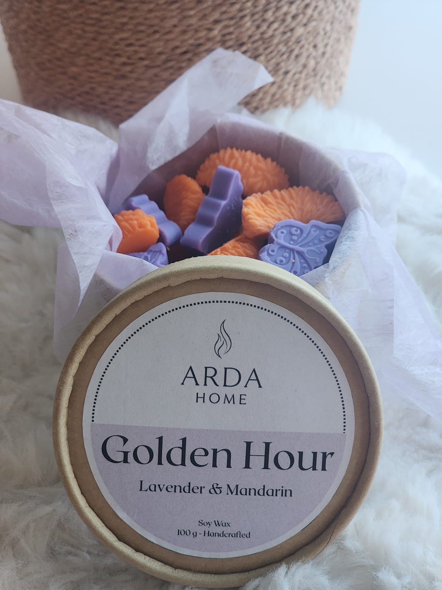 Vista frontal de los wax melts Golden Hour con aroma a lavanda y mandarina.