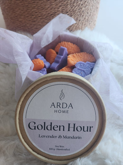 Vista frontal de los wax melts Golden Hour con aroma a lavanda y mandarina.