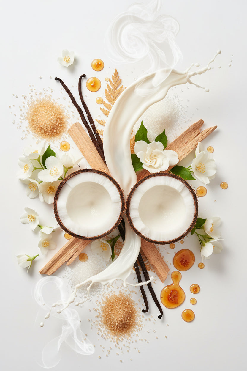 Ambiente elegante con tejidos en tonos crema, madera natural y una atmósfera cálida que inspira la fragancia Nº02 Ebony Vanilla.