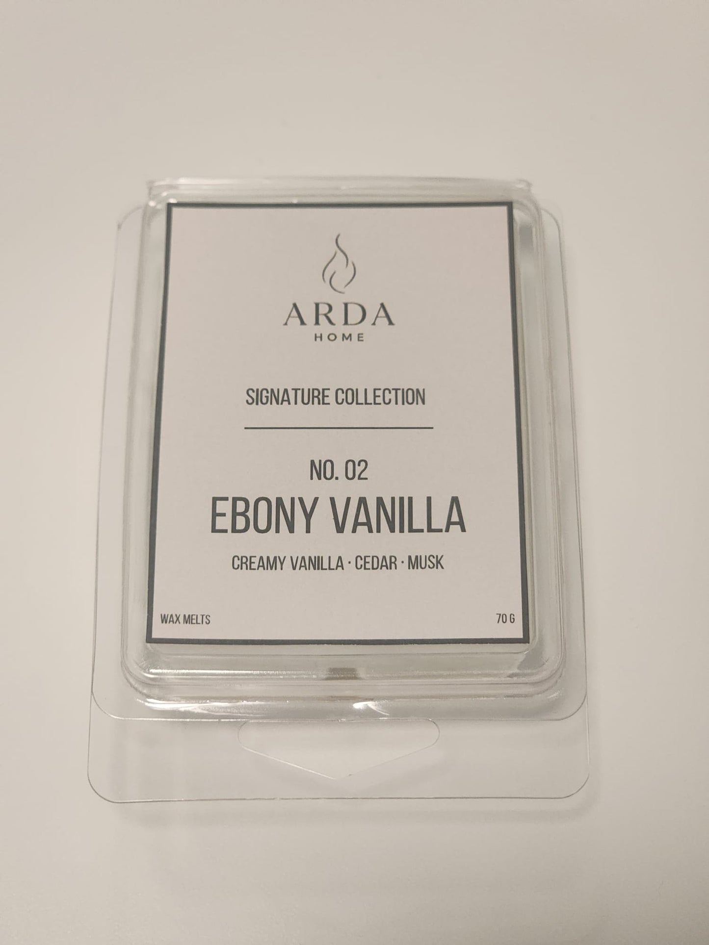 Packaging de la tableta de wax melts Nº02 Ebony Vanilla de ARDA HOME.