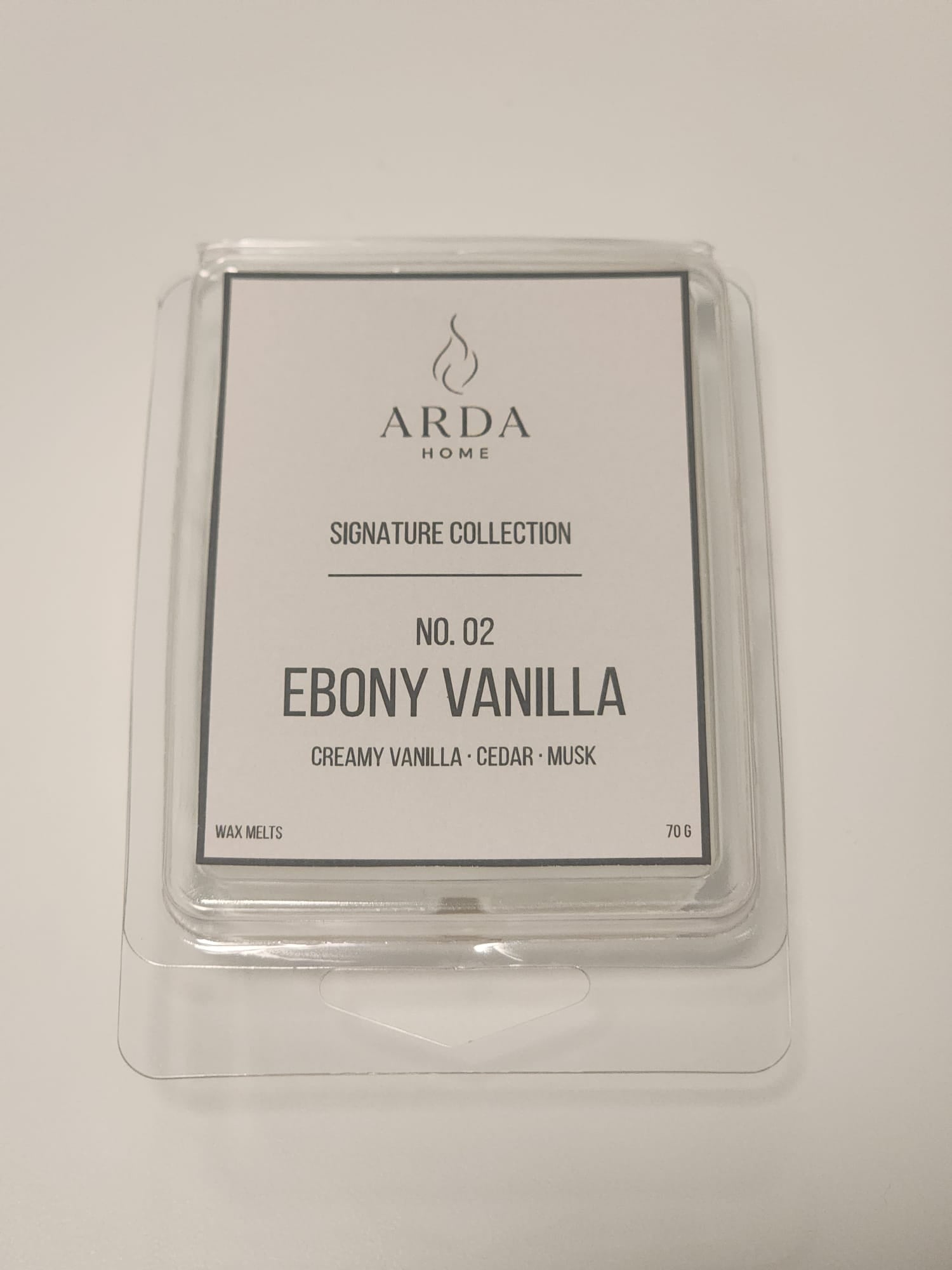 Packaging de la tableta de wax melts Nº02 Ebony Vanilla de ARDA HOME.